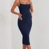 Raquel | Navy Maternity Cami Midi Dress With Split
