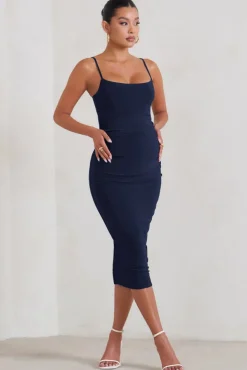 Raquel | Navy Maternity Cami Midi Dress With Split