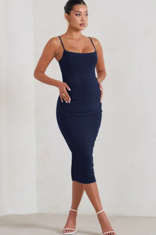 Raquel | Navy Maternity Cami Midi Dress With Split