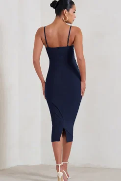 Raquel | Navy Maternity Cami Midi Dress With Split