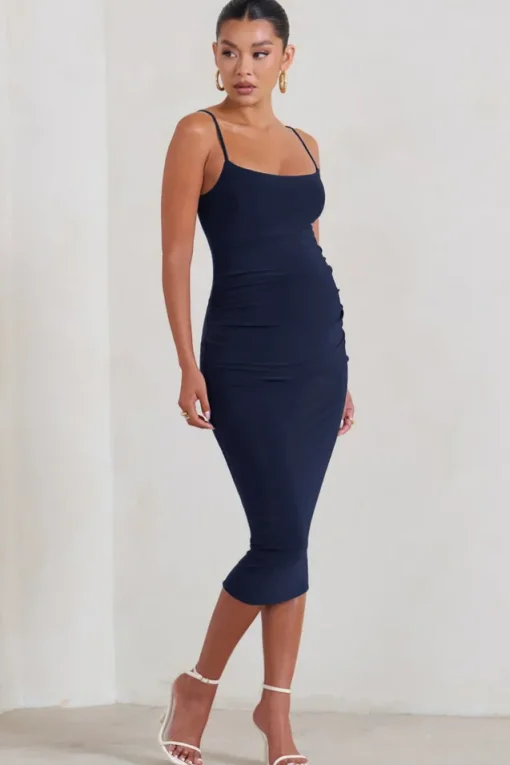 Raquel | Navy Maternity Cami Midi Dress With Split