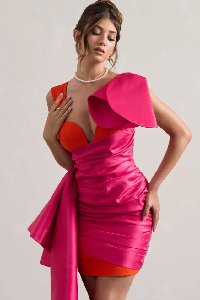Rare | Pink u0026 Orange Satin Wrap Mini Dress Peplum Drape