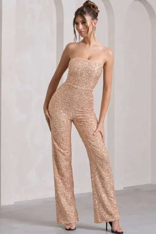 Ray | Rose Gold Sequin Bandeau Wide-Leg Jumpsuit