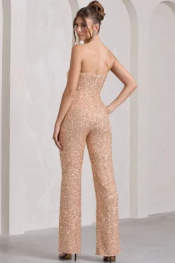 Ray | Rose Gold Sequin Bandeau Wide-Leg Jumpsuit