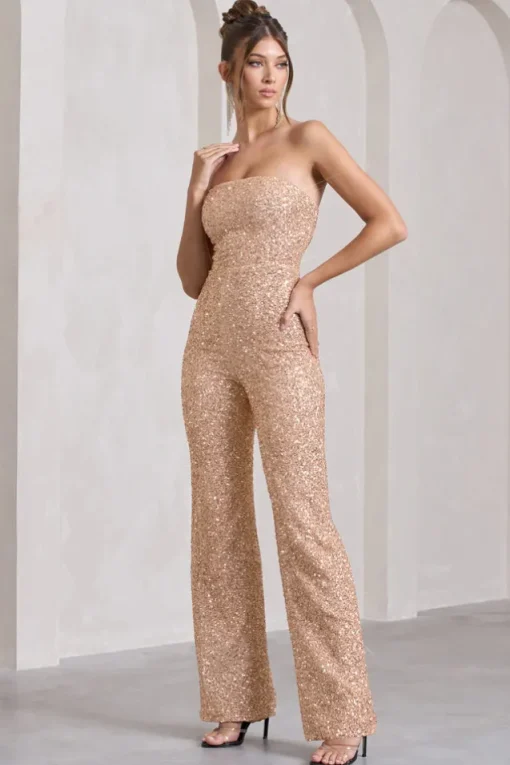 Ray | Rose Gold Sequin Bandeau Wide-Leg Jumpsuit
