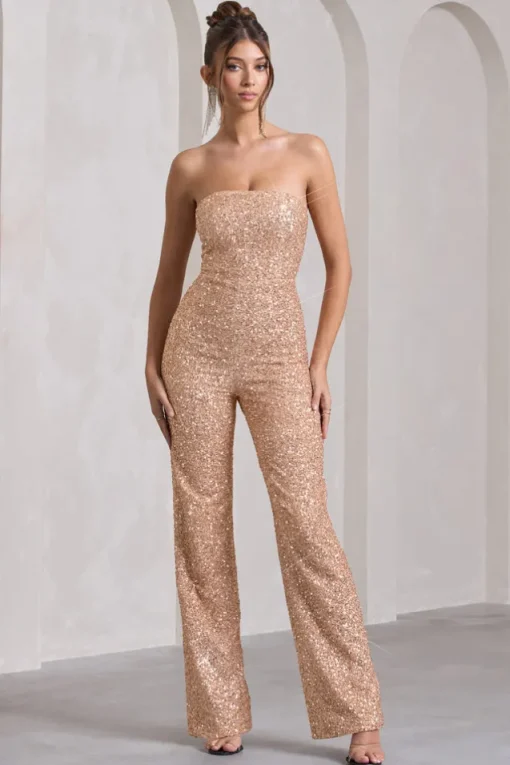 Ray | Rose Gold Sequin Bandeau Wide-Leg Jumpsuit