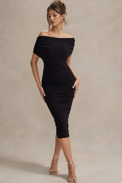 Rayleigh | Black Bardot Ruched Midi Dress