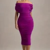 Rayleigh | Dark Pink Bardot Ruched Midi Dress