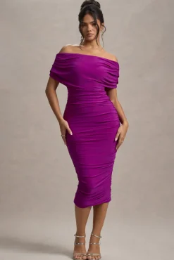 Rayleigh | Dark Pink Bardot Ruched Midi Dress