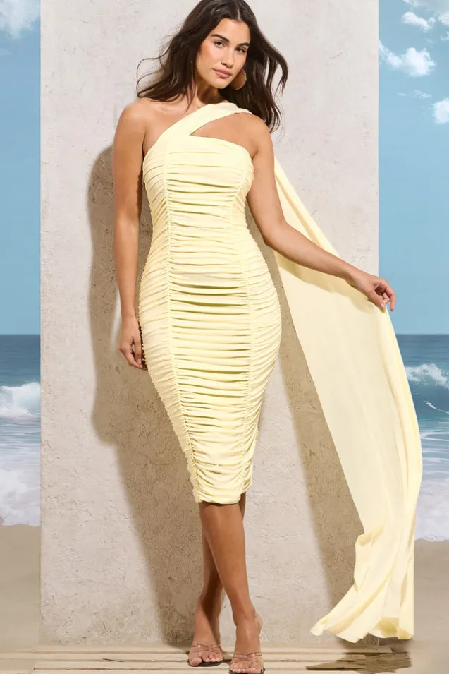 Realign | Lemon Ruched One Shoulder Midi Dress With Sash