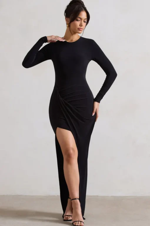 Rebekah | Black Long-Sleeve Wrap Maxi Dress