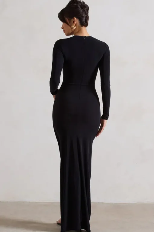 Rebekah | Black Long-Sleeve Wrap Maxi Dress