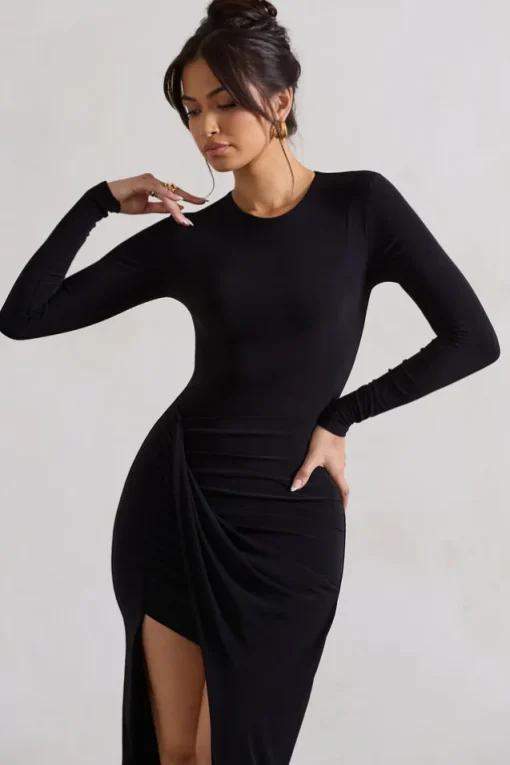 Rebekah | Black Long-Sleeve Wrap Maxi Dress
