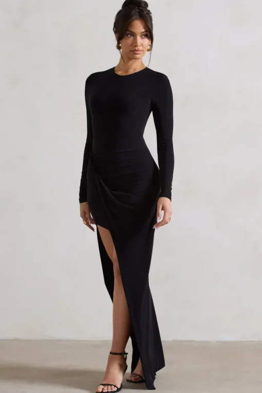 Rebekah | Black Long-Sleeve Wrap Maxi Dress