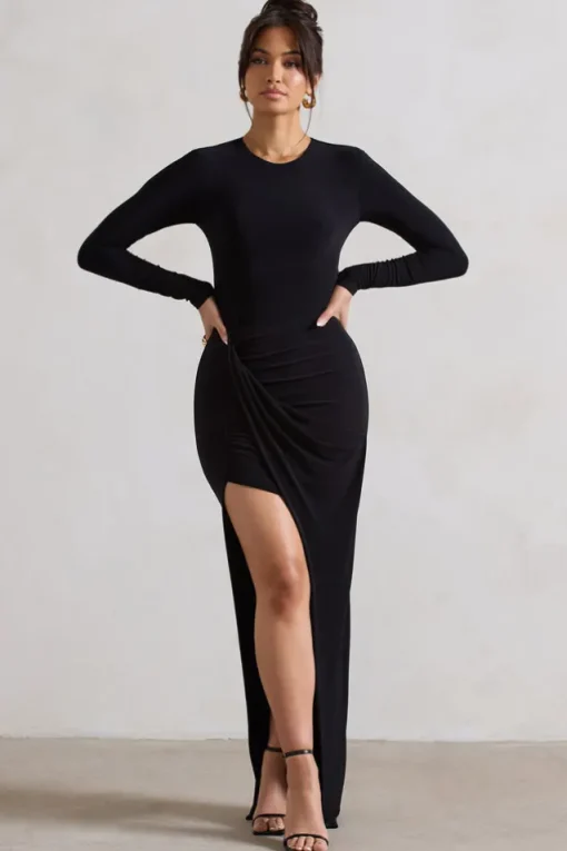 Rebekah | Black Long-Sleeve Wrap Maxi Dress