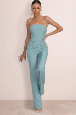 Reborn | Duck Egg Blue Bandeau Jumpsuit With Lace Up Detail