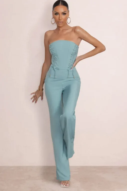 Reborn | Duck Egg Blue Bandeau Jumpsuit With Lace Up Detail