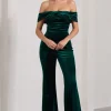 Recognition | Bottle Green Velvet Twisted Bardot Wide-Leg Jumpsuit