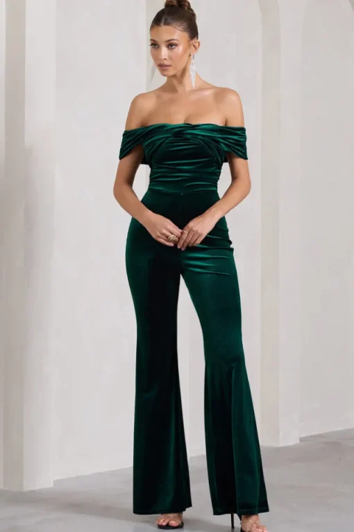 Recognition | Bottle Green Velvet Twisted Bardot Wide-Leg Jumpsuit
