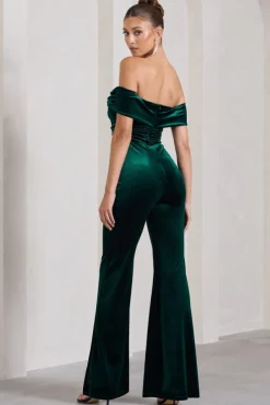 Recognition | Bottle Green Velvet Twisted Bardot Wide-Leg Jumpsuit