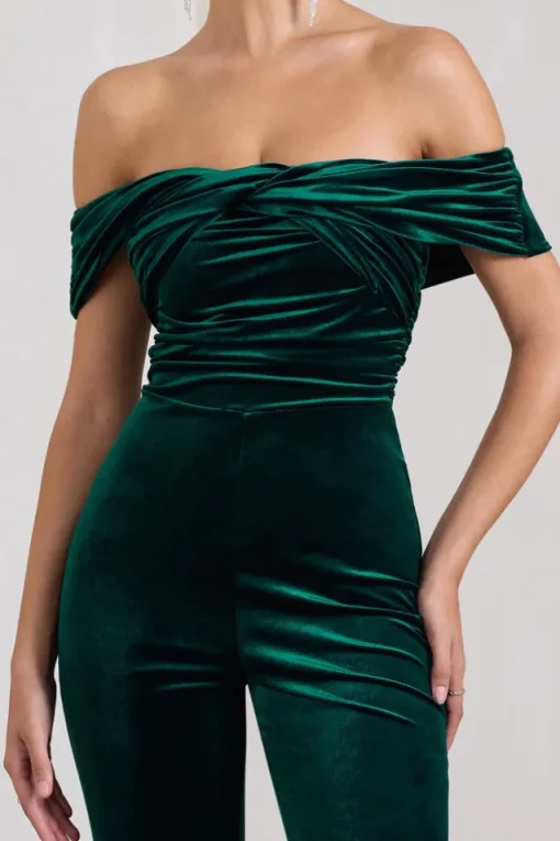 Recognition | Bottle Green Velvet Twisted Bardot Wide-Leg Jumpsuit