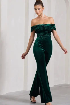 Recognition | Bottle Green Velvet Twisted Bardot Wide-Leg Jumpsuit
