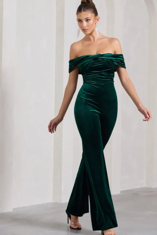 Recognition | Bottle Green Velvet Twisted Bardot Wide-Leg Jumpsuit