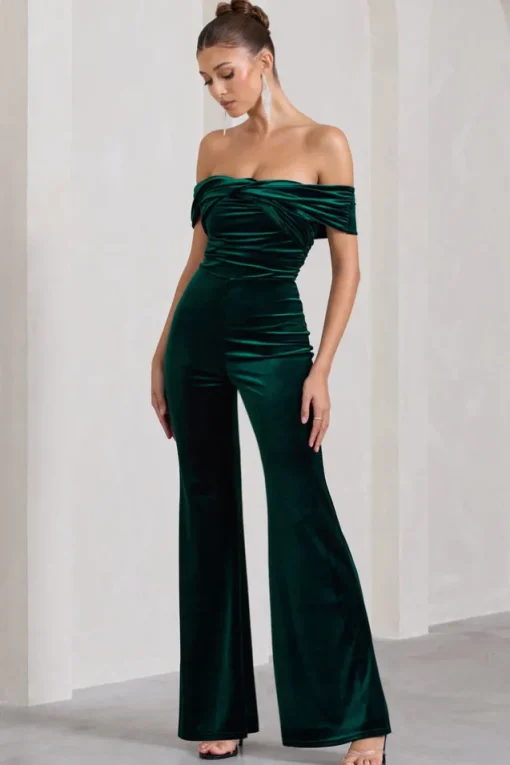 Recognition | Bottle Green Velvet Twisted Bardot Wide-Leg Jumpsuit