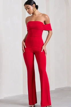 Red Carpet | Red Bardot Ruched Draped Jumpsuit