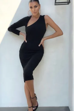 Refine | Black One Shoulder Midi Dress