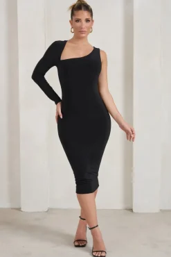 Refine | Black One Shoulder Midi Dress