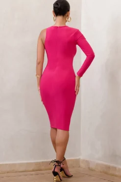 Refine | Hot Pink One Shoulder Midi Dress