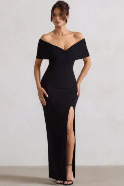 Refined | Black Twist Front Bardot Maxi Dress