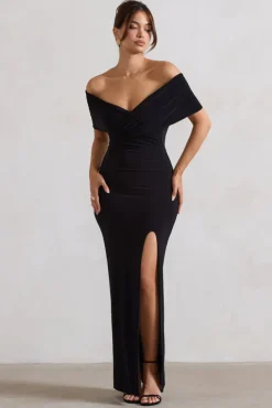 Refined | Black Twist Front Bardot Maxi Dress