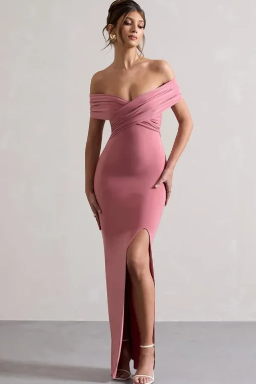Refined | Blush Pink Twist Front Bardot Maxi Dress