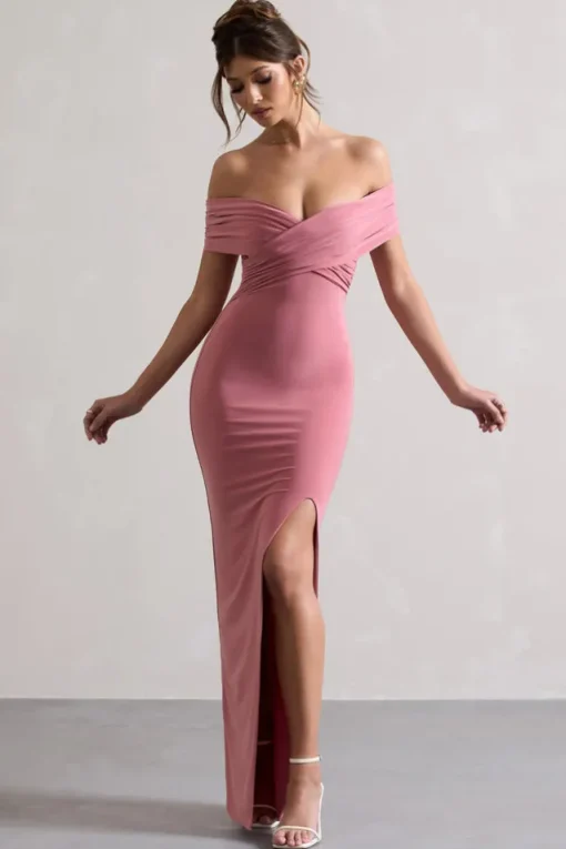 Refined | Blush Pink Twist Front Bardot Maxi Dress