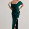 Refined | Bottle Green Twist Front Bardot Maxi Dress