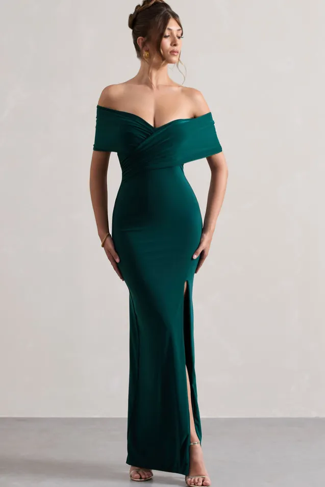 Refined | Bottle Green Twist Front Bardot Maxi Dress