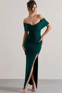 Refined | Bottle Green Twist Front Bardot Maxi Dress