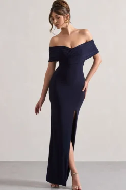 Refined | Navy Twist Front Bardot Maxi Dress