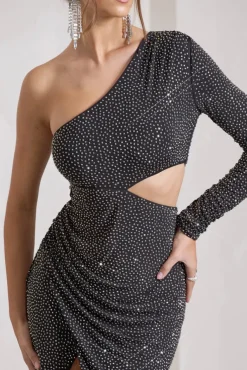 Reflection | Black Embellished One Sleeve Cut-Out Split Maxi Dress