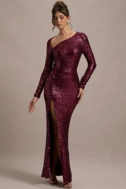 Remarkable | Burgundy Sequin Long-Sleeved Twisted Maxi Dress