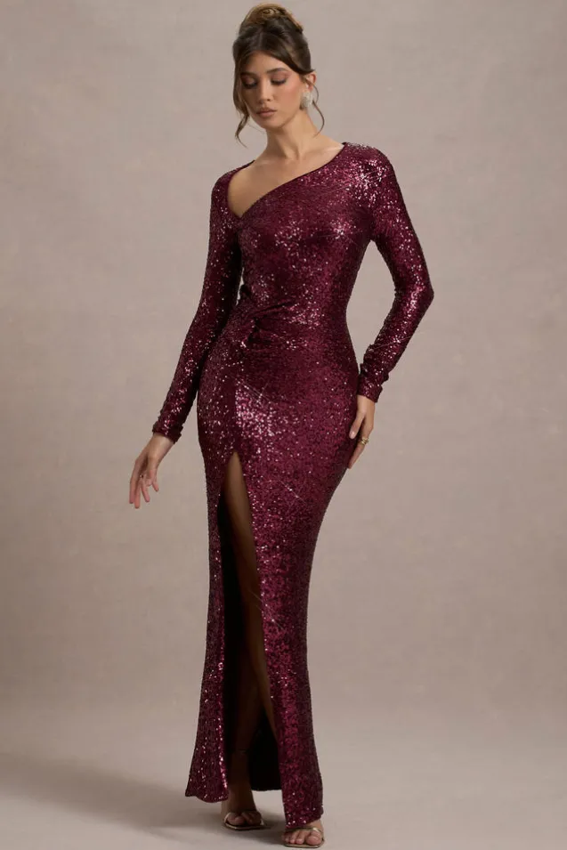 Remarkable | Burgundy Sequin Long-Sleeved Twisted Maxi Dress