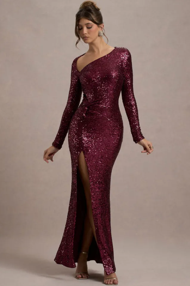 Remarkable | Burgundy Sequin Long-Sleeved Twisted Maxi Dress