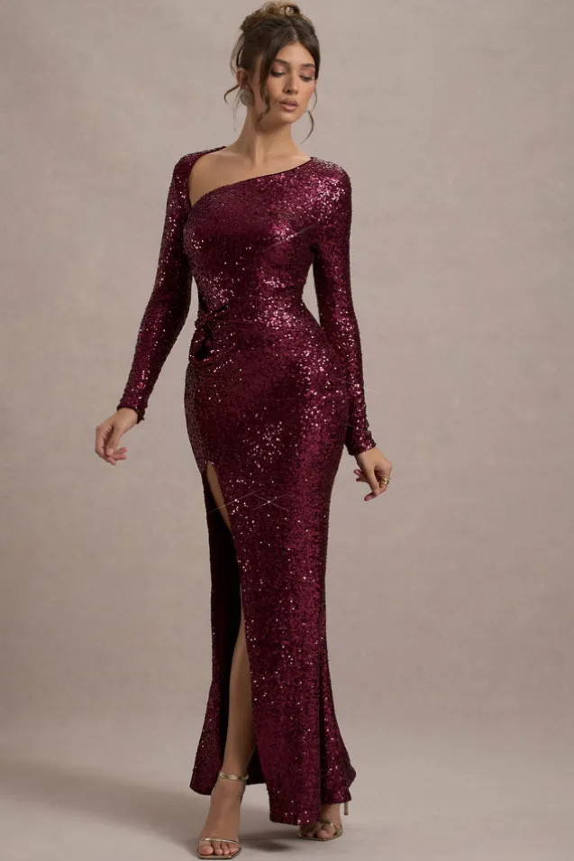 Remarkable | Burgundy Sequin Long-Sleeved Twisted Maxi Dress