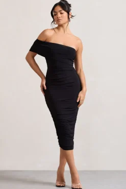 Remember Me | Black One Shoulder Midi Dress