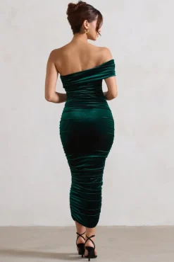 Remember Me | Bottle Green Velvet One Shoulder Midi Dress