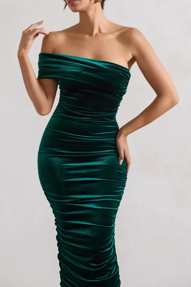 Remember Me | Bottle Green Velvet One Shoulder Midi Dress