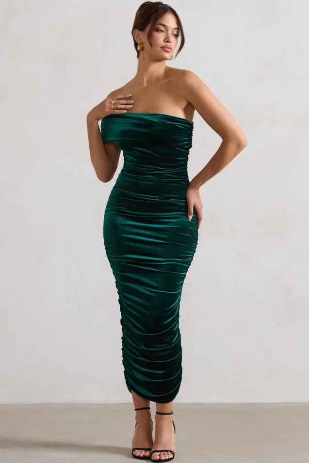 Remember Me | Bottle Green Velvet One Shoulder Midi Dress
