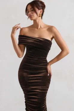 Remember Me | Chocolate Velvet One Shoulder Midi Dress